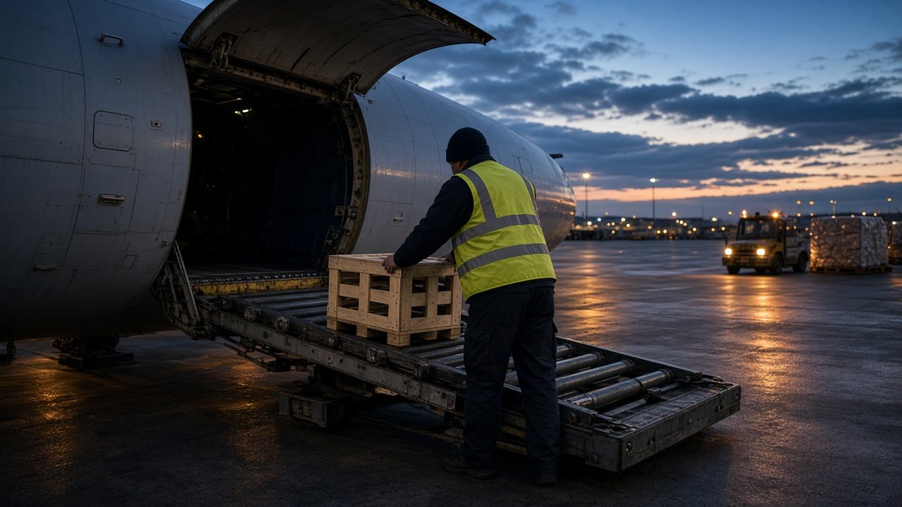 A wooden crate moved toward an aircraft cargo hold at dusk for air freight from Dubai