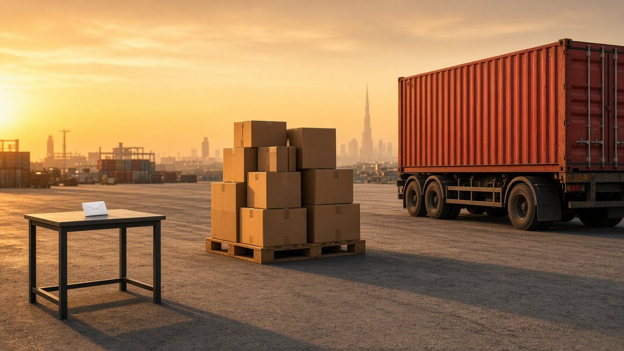 A document envelope, a pallet of cartons, and a full container, the three scales of shipping from Dubai