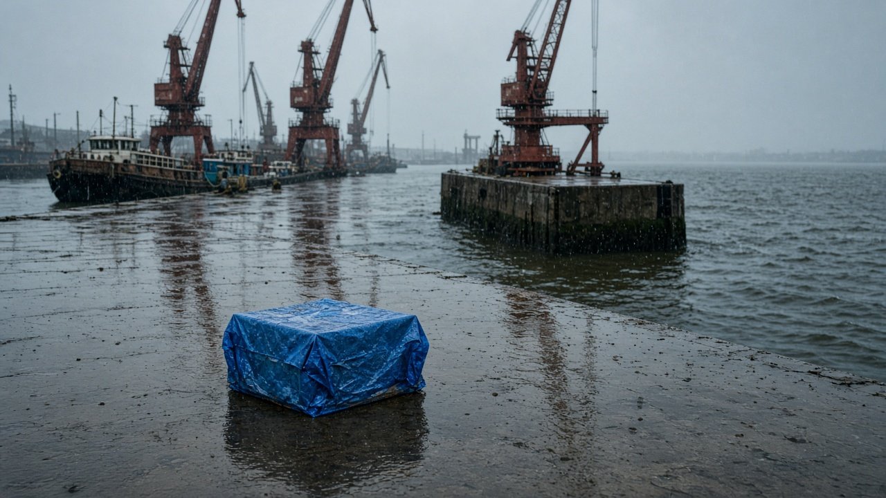 A carton under a blue tarp on a wet Douala quay, with rust-red port cranes behind it