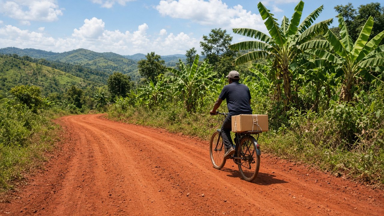 A carton strapped to a bicycle on a red dirt road toward the green hills outside Kampala