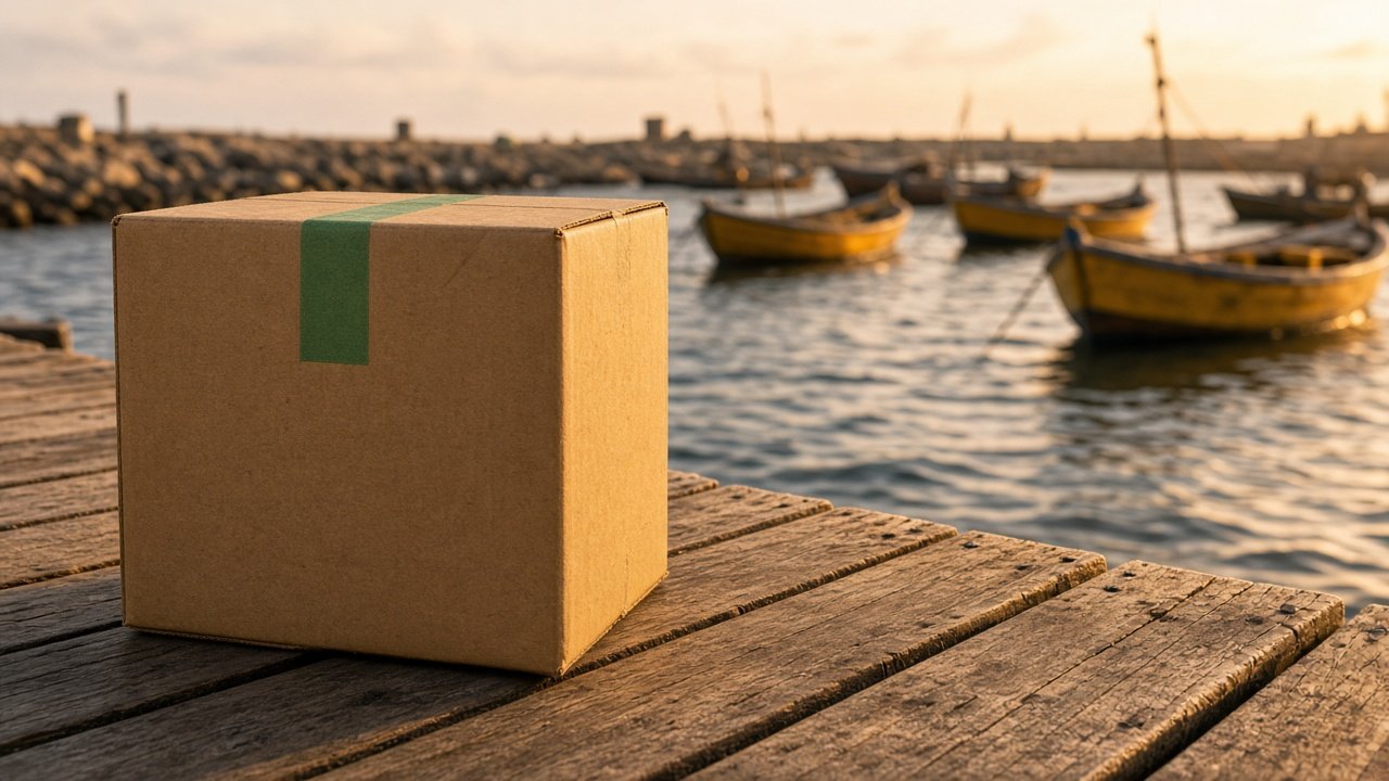 A sealed carton with green tape on a wooden pier, yellow boats in Lagos harbour behind it