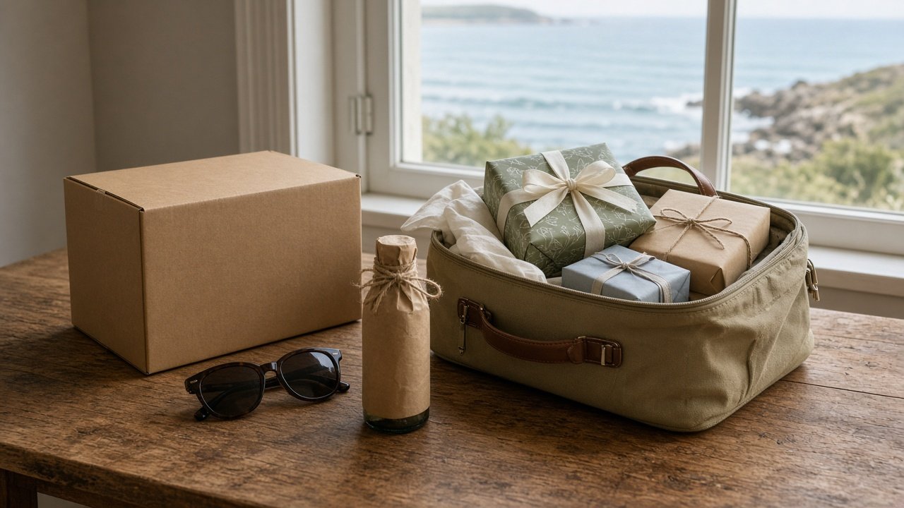 A carton and a small bag of gifts on a table, packed in Dubai for Libreville