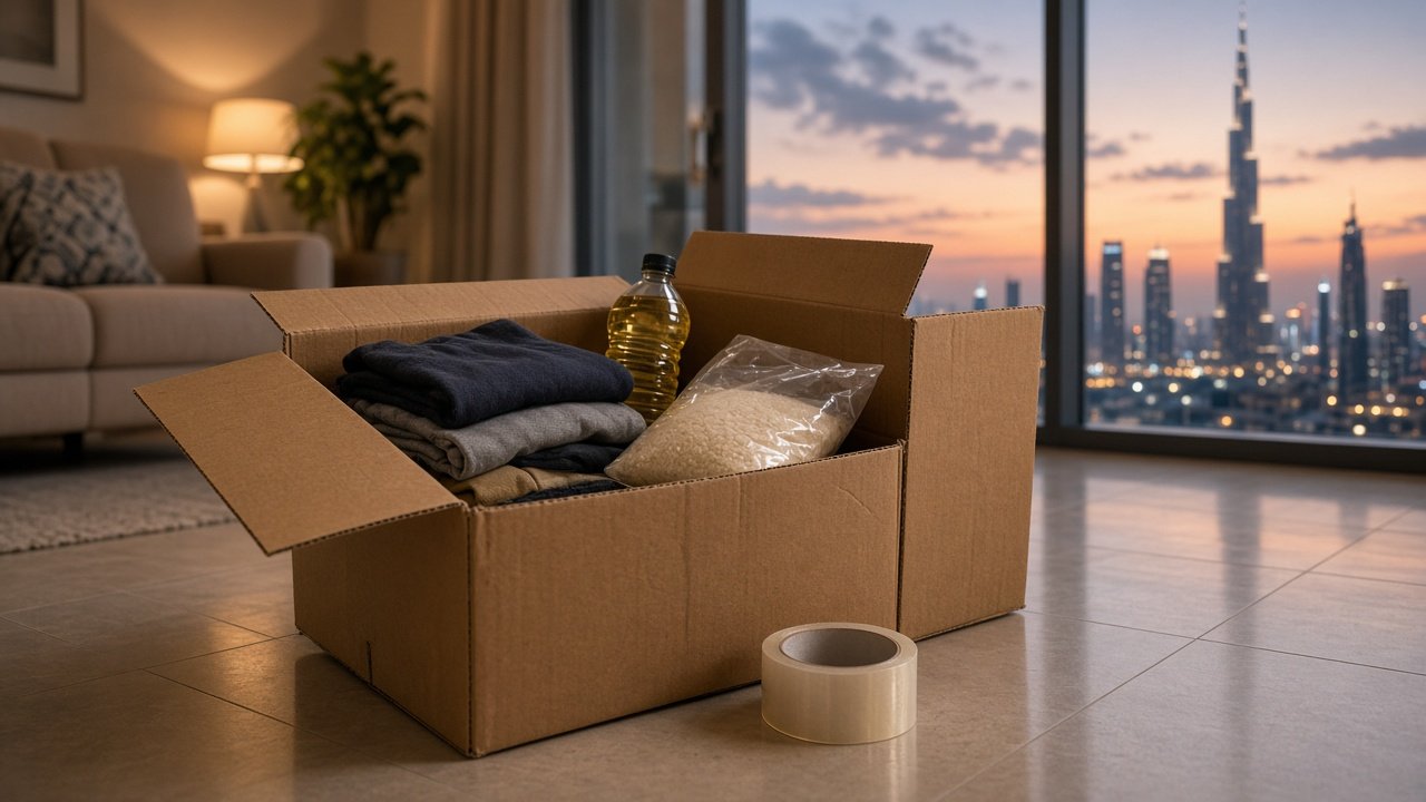Open shipping carton packed with clothes, rice, and oil in a Dubai apartment before it leaves for Ghana