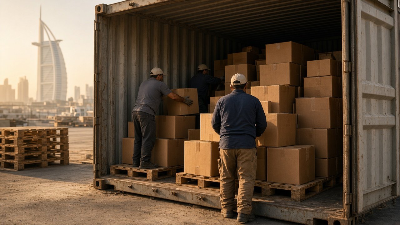Mixed cartons being loaded into a shared container for weekly LCL groupage from Dubai