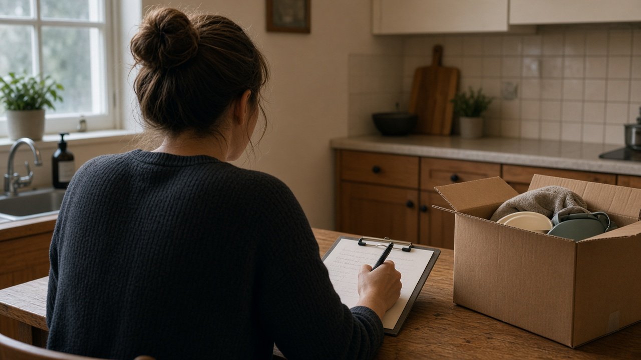 Someone writing a packing list at a kitchen table beside an open carton of household goods