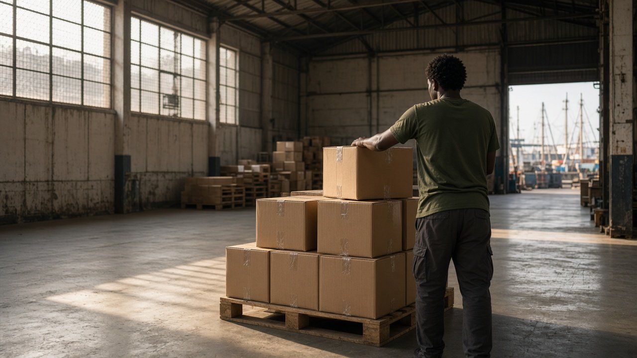 Cartons ready for collection at a warehouse counter after arriving from Dubai