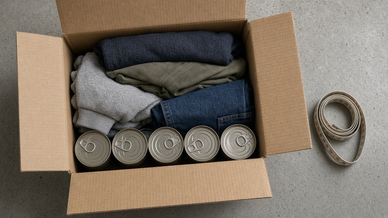 Looking down into a half-packed shipping carton with heavy items below and clothes above
