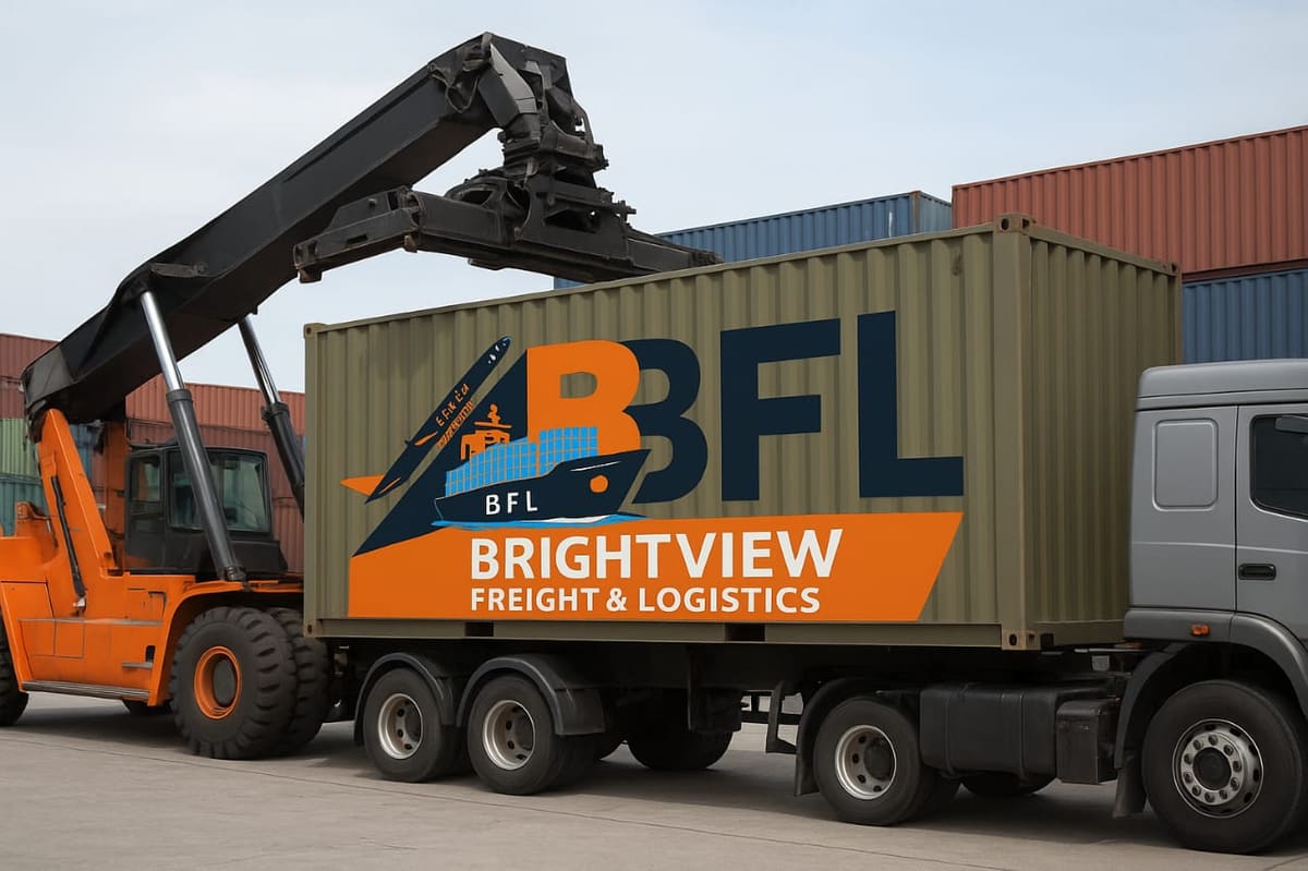 Brightview container on a truck during FCL freight forwarding