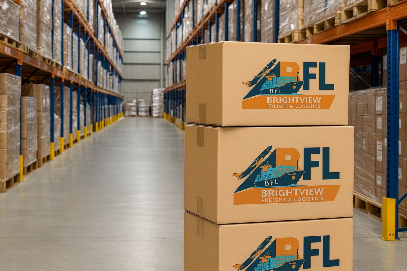 Brightview branded cartons in a warehouse, representing logistics services in Dubai