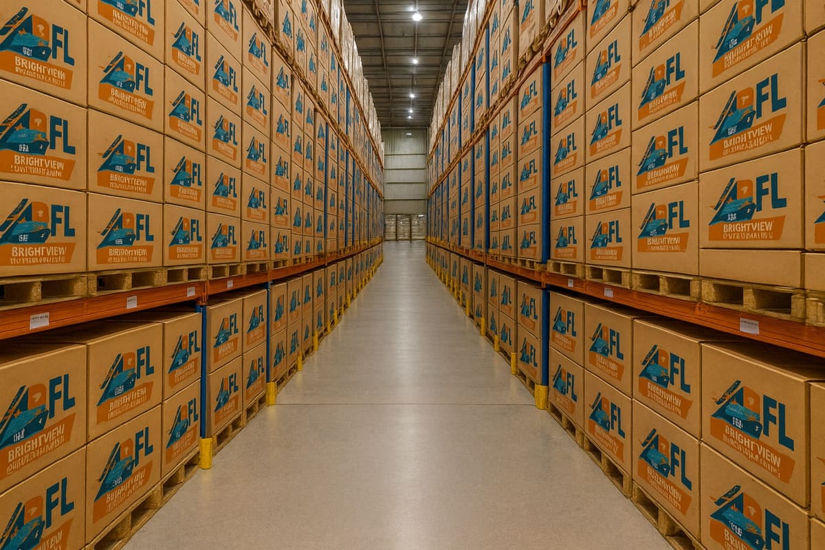 Warehouse aisle of Brightview cartons used for storage and distribution